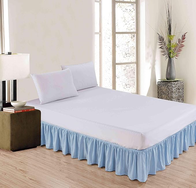 Sheets & Beyond Wrap Around Solid Microfiber Luxury Hotel Quality Fabric Bedroom Gathered Ruffled Bedding Bed Skirt 14 Inch Drop (King, Light Blue)