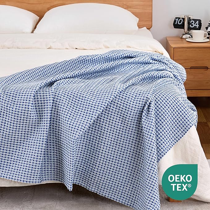 EGOHOME 100% Cotton Queen Size Blankets for Bed,Soft Jacquard Waffle Weave Blanket,Lightweight and Breathable Unique Dual-Tone Texture Cotton Blanket for All Seasons-Navy Blue,90 x 90 Inches