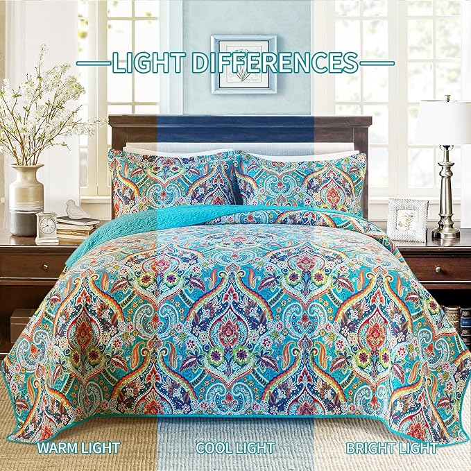BEDIFANY Cotton Oversized King Size Quilt - Lightweight King Size Quilt Bedding Set for a Comfortable Sleep - Reversible Coverlet (108 * 118 in) with Boho Pattern, 3 Pieces