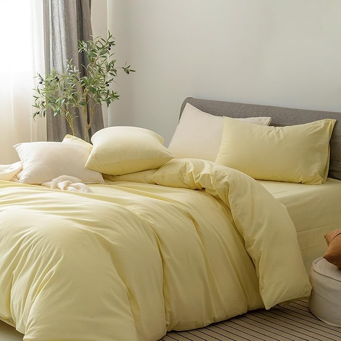 FOSSA Duvet Cover Set 100% Washed Cotton Linen Feel Super Soft Breathable Cozy 3 Pieces Bedding Sets Solid Pastel Yellow Full/Double