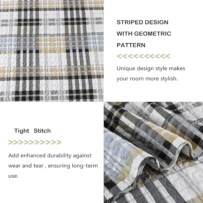 Quilt King Size, Cotton King Size Comforter Set,Grey Brown Black White Bedding Sets, Striped Plaid Bedspread Set, Farmhouse King Size Bed Set Lightweight All Season