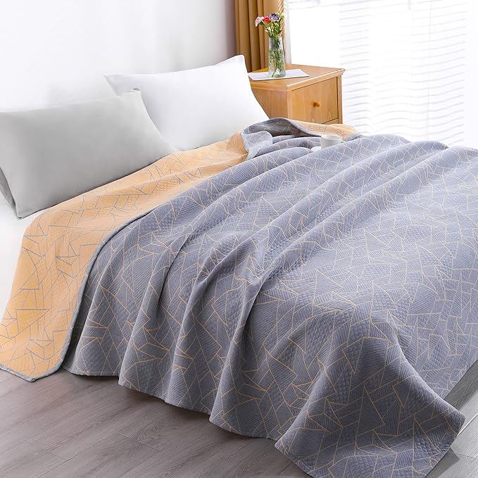 NTBAY 3 Layers Cotton Muslin 88x92 Queen Bed Blanket, Super Soft Breathable Thermal Yarn Dyed Quilt for Adults, Perfect Lightweight Blanket for Couch Sofa Bed All Seasons, Yellow Triangle