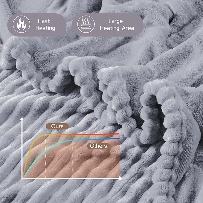 Electric Heated Blanket Queen Size 84x90 Inch - Ultra Soft Silky Flannel with Ribbed Texture, Dual Zone Controllers with 10 Heating Levels and 12 Hours Auto-Off Feature - Light Gray