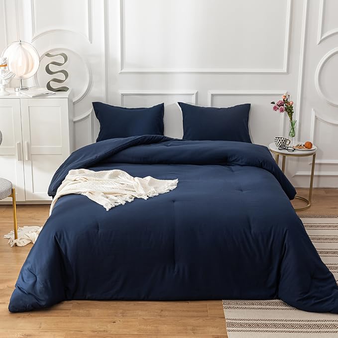 Cottonight Navy Blue Comforter Queen Set Dark Blue Bedding Comforter Set Full Solid Navy Blanket Quilts Men Boys Breathable Soft Navy Blue Comforter with 2 Pillowcases