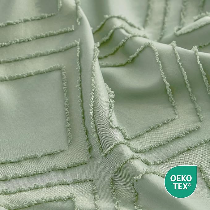 JELLYMONI Duvet Cover Queen Size Light Green - 3PCS Boho Duvet Cover Set Plaid Polyester Tufted Bohemian Jacquard Knit Textured Comforter Cover 90×90in Rhombic Geometric Pattern Zipper Corner Tie