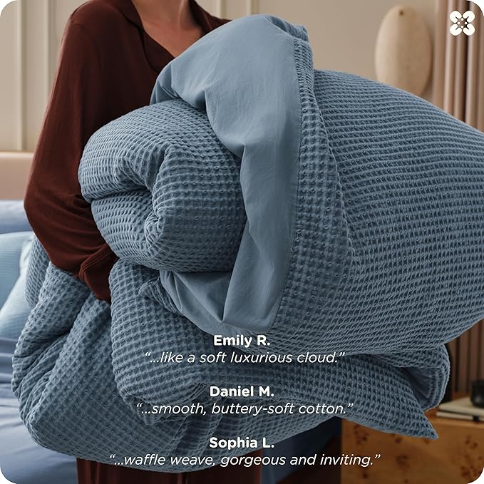 Bedsure Cotton Duvet Cover Queen - 100% Cotton Waffle Weave Grey Blue Duvet Cover Queen Size, GentleSoft™ and Breathable Bedding Set for All Season, 3 Pieces, 90"x90"