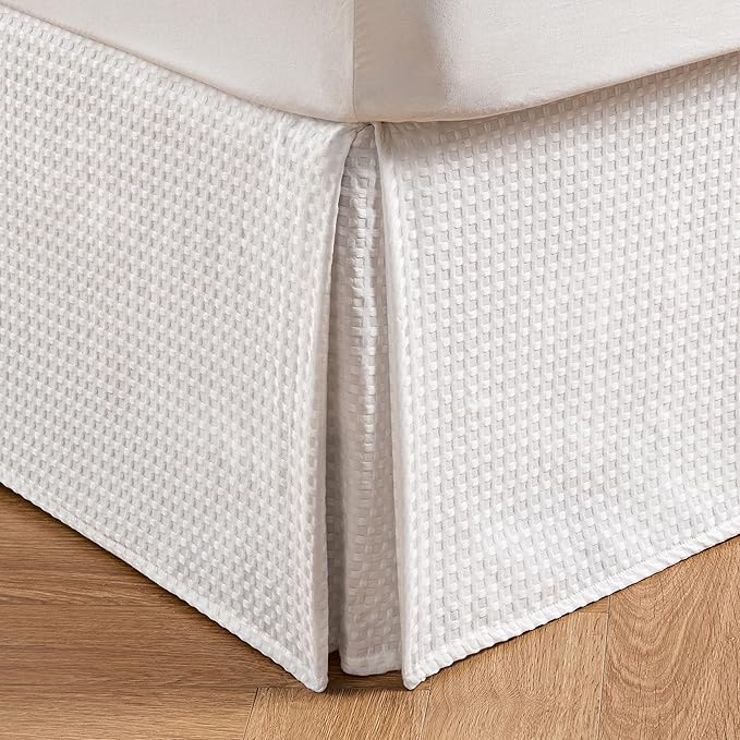 MIYE Pleated Waffle Weave Bed Skirt, Tailored Dust Ruffle 14 Inch Drop Easy Fit, Machine Washable (White, Twin - 14" Drop)