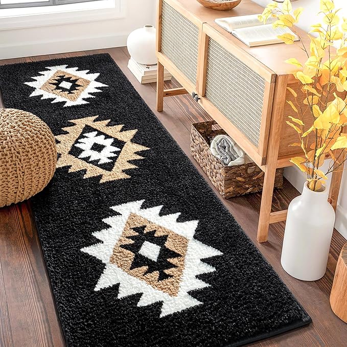 DEXDE Bathroom Runner Rug 24x60 Inch, Boho Long Bath Mat Rug for Bathroom Bedroom Hallway Kitchen Luxury Soft Absorbent Large Modern Geometric Carpet Western Farmhouse Carpet, Black