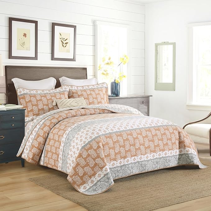 Terracotta Quilts Queen Size, Cotton Queen Comforter Set, Orange Grey Bedding, Lightweight Bedspread Machine Washable 3 Piece