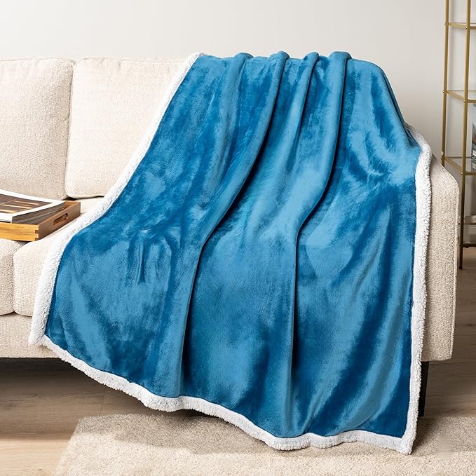 PAVILIA Sherpa Fleece Throw Blanket for Couch, Teal Blue, Plush Soft Fuzzy Sofa Blanket, Cozy Reversible Winter Throw for Women Men, 50x60 Inches