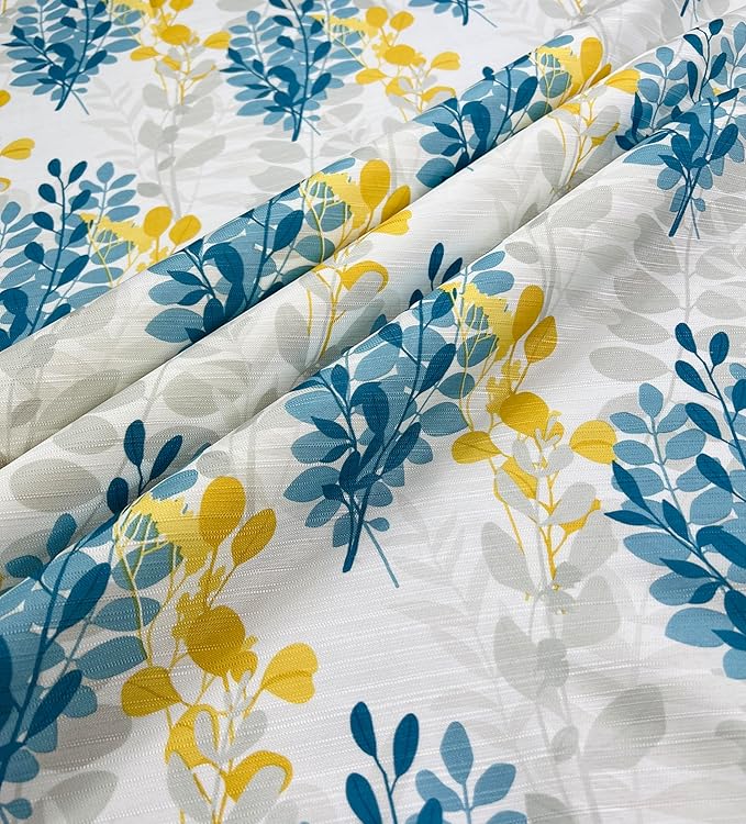 Serafina Home Hotel Quality Fabric Bathroom Shower Curtain: Floral Leaf Damask - Blue, Teal, Yellow, Grey and White (72 x 70 inches)