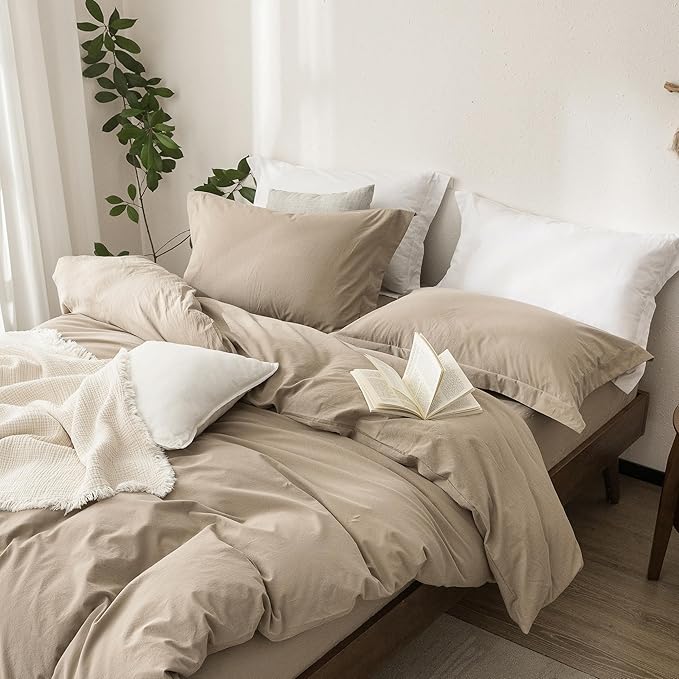 Linen Feel Duvet Cover King Size 104inch x 90inch,100% Washed Cotton Duvet Cover with Zipper Closure and 2 Pillowcases, Color of Mocha Brown