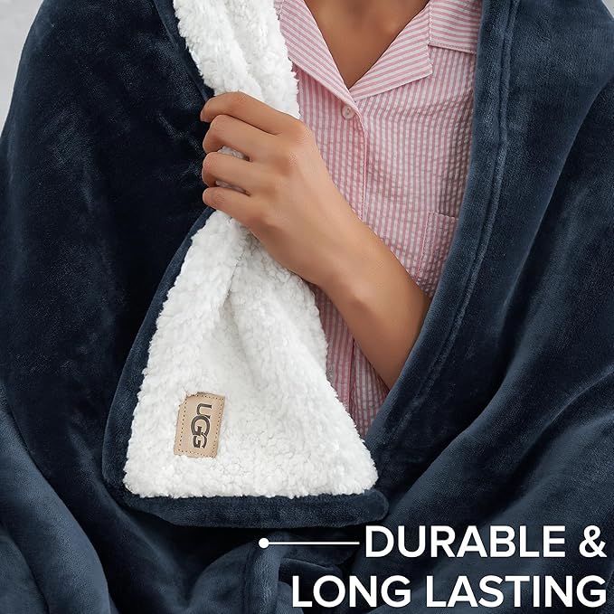 UGG Ariana Full/Queen Blanket Fleece Fluffy Reversible Soft Fuzzy Bedding Cozy Plush Warm Oversized Blanket Machine Washable Bedroom Decor for Big Couch or Bed, 90-inch x 90-inch, Navy Blue