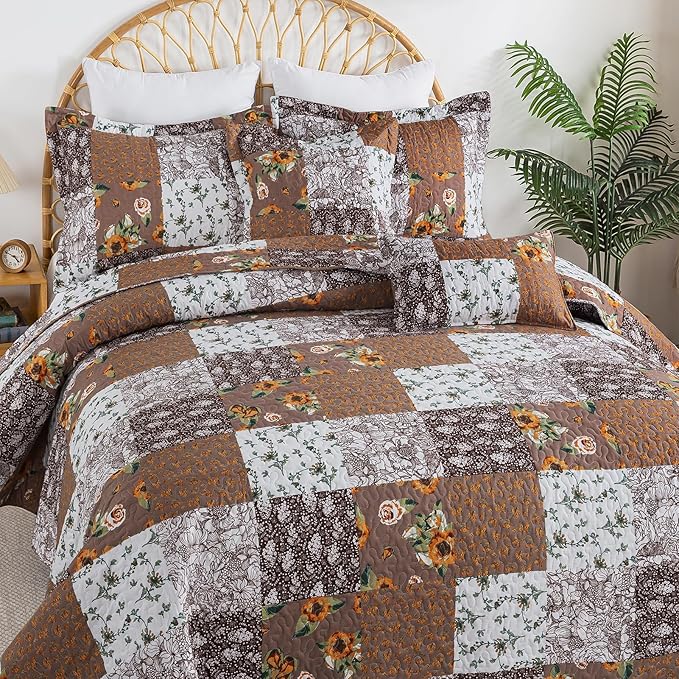 BEDIFANY Cotton Filling King Quilt Set - Reversible Farmhouse Bedspreads King Size with 2 Pillow Shams - Lightweight King Size Quilt Bedding Sets, 3 Pieces (98 x 106 inch)