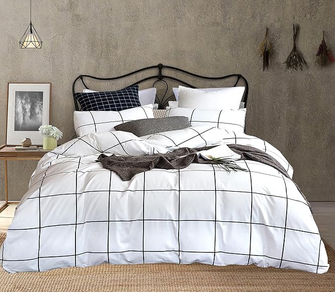 KAREVER White Grid Comforter Twin Plaid Bedding Set Stripes Boys Checkered Comforters Bedding Set Girls White Grid Comforter Set Twin