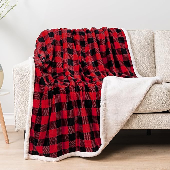 PAVILIA Buffalo Check Sherpa Blanket Throw Queen,Red Black Checkered Flannel Fleece Blanket,Christmas Plaid Warm Plush Microfiber Blanket for Couch Sofa,90x90 Inches
