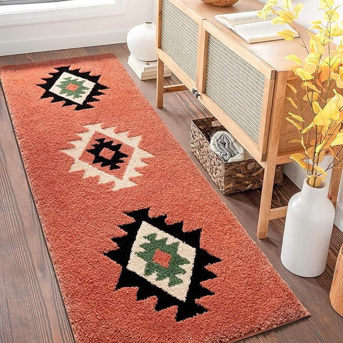 DEXDE Bathroom Rugs Runner 20x72, Boho Long Bath Mat Runner for Bathroom Bedroom Hallway Kitchen Shower Luxury Soft Absorbent Large Bohemian Carpet Runner Farmhouse Western Decor, Coral Red