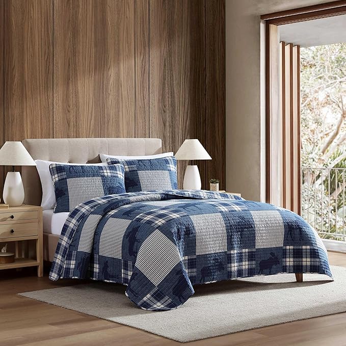 Eddie Bauer - Twin Quilt Set, Naturally Soft Cotton Bedding w/a Lightweight Feel for All-Year Comfort, Reversible w/Matching Pillowcase, 2 Piece Bed Set (Moose Plaid/Pinstripe/Patchwork Blue)