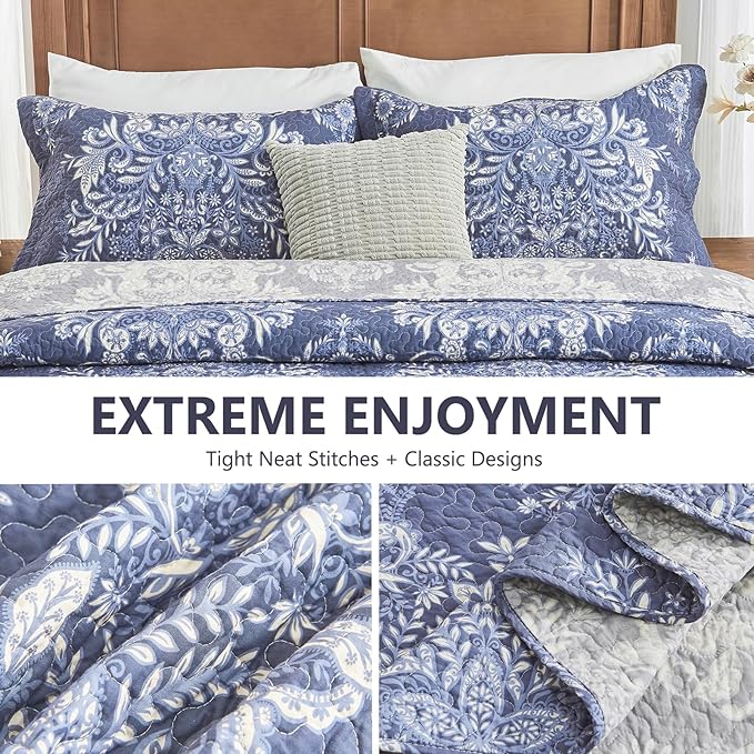 100% Cotton Quilt Set Queen Size - Damask Pattern Quilted Comforter, Vintage Reversible Queen Quilt Bedspread, Lightweight Bedding for Queen Bed, 3pcs, Blue