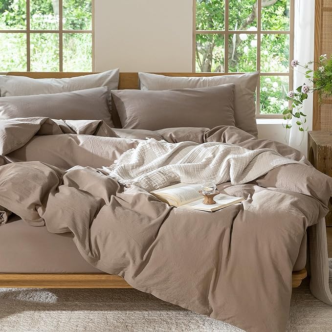 MooMee Bedding Duvet Cover Set 100% Washed Cotton Linen Like Textured Breathable Durable Soft Comfy (Solid Brown, Twin 68"x90")