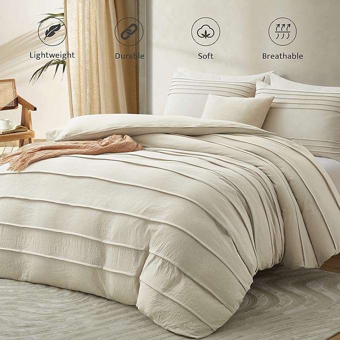 Oli Anderson Beige Duvet Cover King Size - Pleated King Duvet Cover, 3PCS Soft and Breathable Textured Bedding Set with Zipper Closure(Beige,104"x90")
