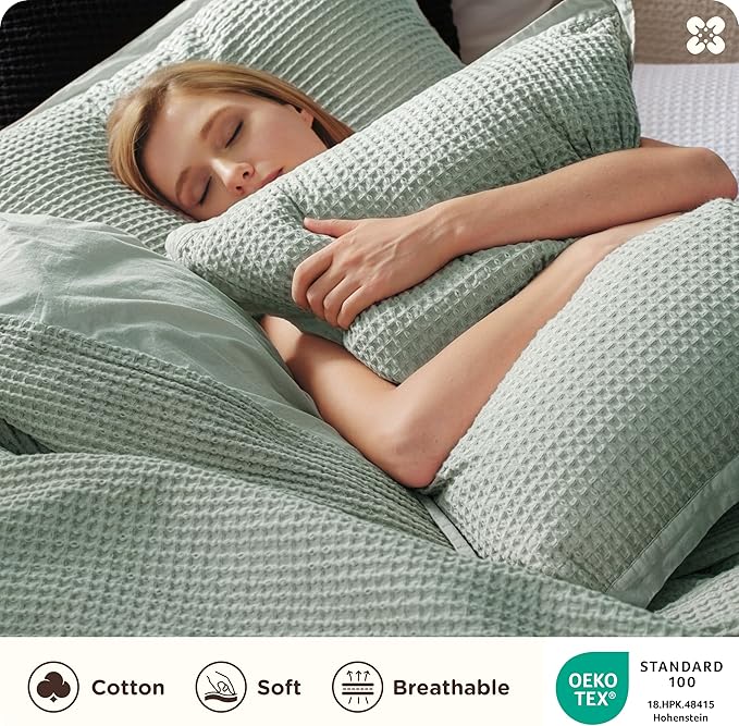 Bedsure Cotton Duvet Cover Queen - 100% Cotton Waffle Weave Sage Green Duvet Cover Queen Size, GentleSoft™ and Breathable Bedding Set for All Season, 3 Pieces, 90"x90"