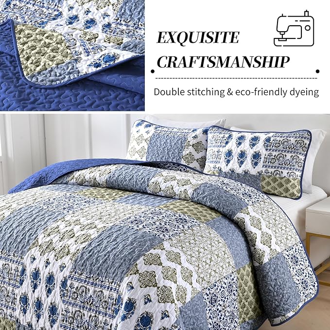 Mybedsoul Blue Quilt Set King Size 3 Pieces Boho Plaid Aqua Blue Floral Bedspread Set Microfiber Lightweight Bohemian Bedding Set for All Season (1 Quilt + 2 Pillow Shams) 90"x104"