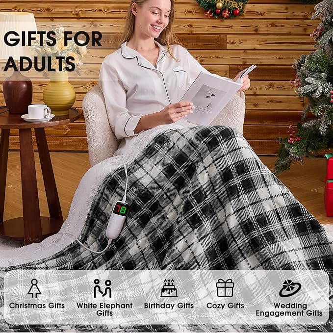 OCTROT Black Electric Heated Blanket King Size, 90X100 Black Blanket with Dual Control&10 Heats Levels&Timer for Bed,Large Plaid Sherpa Heating Blankets Warmer Gifts for Grandma Women Adults,Washable