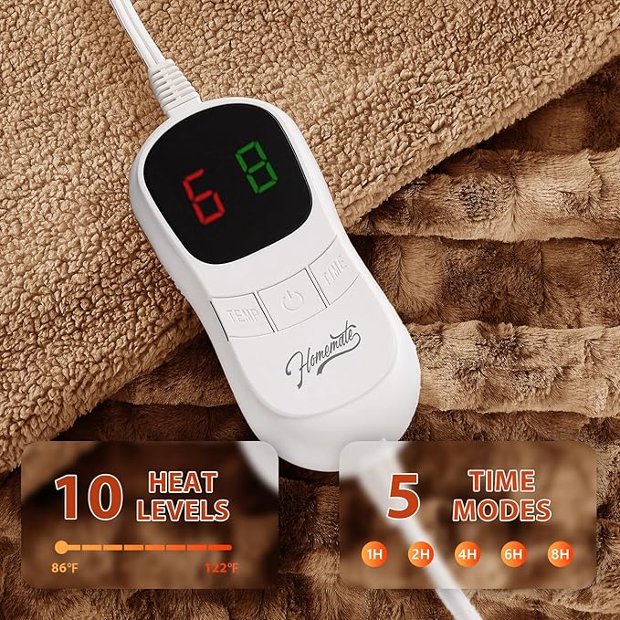 Homemate Electric Heated Blanket Full Size - 72"x84" Heating Blanket Full Size 1/2/4/6/8 Hours Auto-Off 10 Heat Level Over-Heat Protection Luxury Faux Fur Sherpa ETL Certification