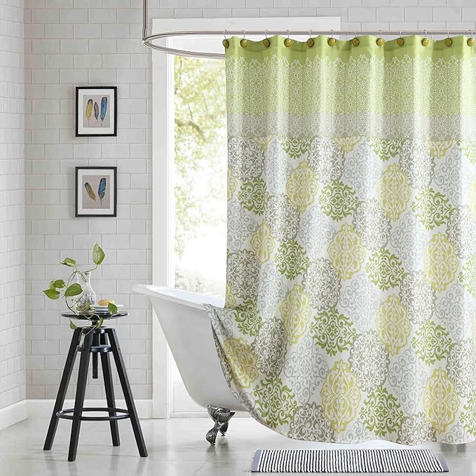 Fabric Shower Curtain, Green Yellow Grey Boho Medallion Print Shower Curtains for Bathroom, 72" W x 72" H