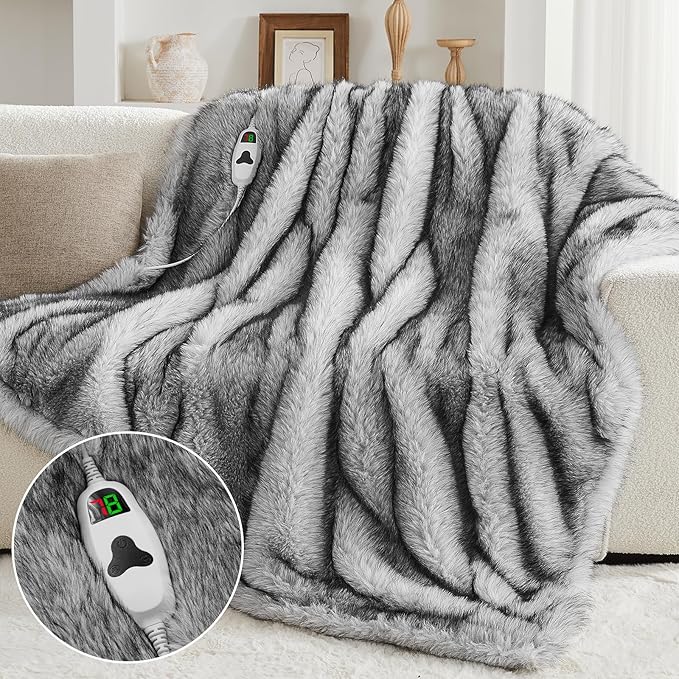 Heated Electric Blanket Twin, Octrot 60"X80" Faux Fur Heating Blanket Luxury Christmas Gifts Heavy Plush with 10 Heats Levels & 8 Hours Auto Off,Super Cozy Warm Fuzzy,Fluffy Decor Winter Warming,Grey