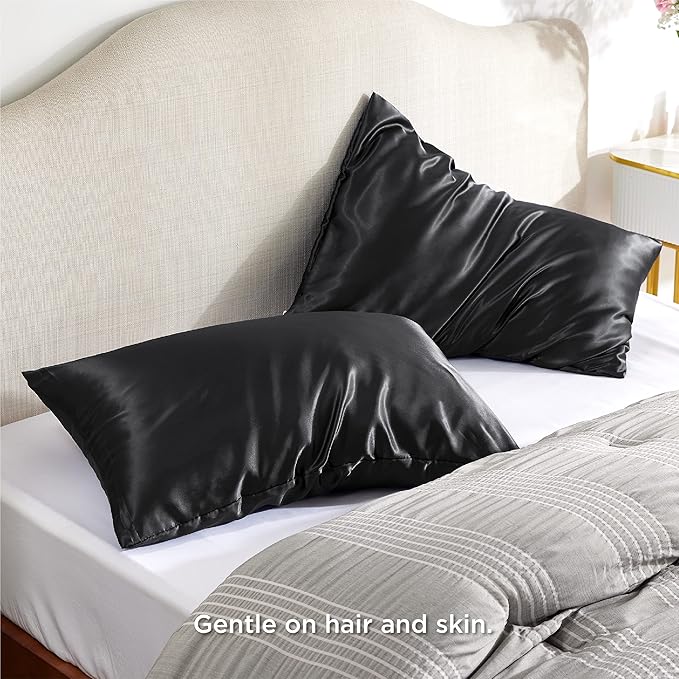 Bedsure Satin Pillowcase with Zipper, Similar to Silk Pillow Cases 2 Pack, Satin Pillow Cases Queen Size Set of 2, Silky & Soft Black Pillow Covers for Hair and Skin, Gifts for Women Men, 20x30 Inches