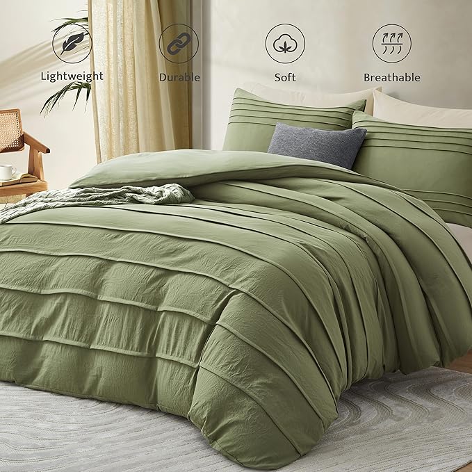 Oli Anderson Sage Green Duvet Cover Queen Size - Pleated Queen Duvet Cover, 3PCS Soft and Breathable Textured Bedding Set with Zipper Closure(Sage Green,90"x90")