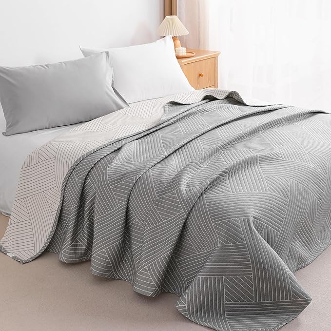 NTBAY 3 Layers Cotton Muslin 88x92 Queen Bed Blanket, Super Soft Breathable Thermal Yarn Dyed Quilt for Adults, Perfect Lightweight Blanket for Couch Sofa Bed All Seasons, Grey Volleyball