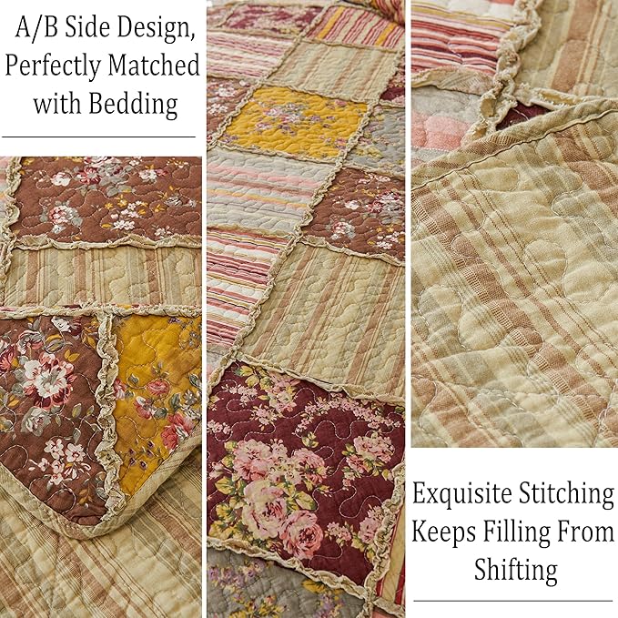 Cmfshape Floral Quilt Sets Bedspread Set 100% Cotton Patchwork Bedding Set, All Season Use Lightweight Reversible Coverlet Quilts with 2 Pillow Shams(Queen 92"x96")