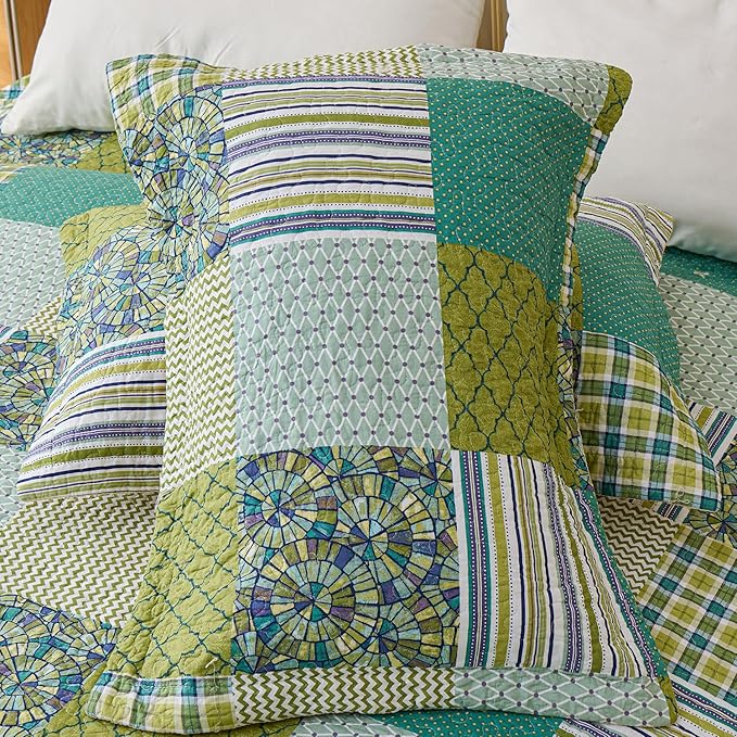 Cmfshape Quilt Sets Bedspread Set 100% Cotton Green Plaid Patchwork Bedding Set, All Season Use Lightweight Reversible Coverlet Quilts with 2 Pillow Shams(Queen 90"x96")