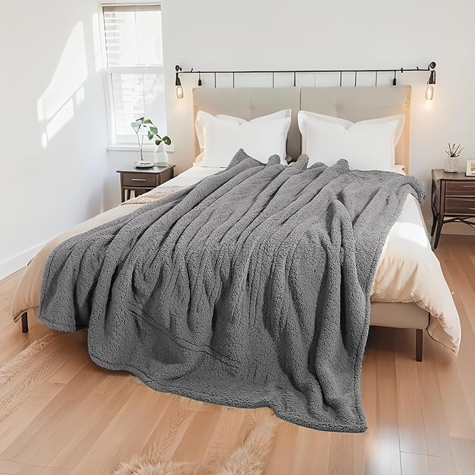 Electric Heated Blanket 6 Heating Settings & 1-10H Auto Off Twin 62×84 Double Sided Plush Sherpa Ultra-Soft Warm Thick, Machine Washable, Fast Heating, Home Office Light Gray