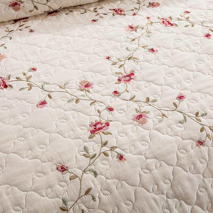 Quilt Set Classical 3D Floral Embroidery Pattern 3-Piece Cotton Reversible Quilted Embroidered Decorative Bedspreads Coverlet Bedding Set, Lightweight &Soft,Beige,King Size