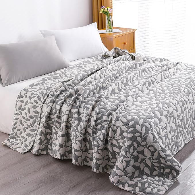NTBAY 3 Layers Cotton Muslin 68x92 Twin Bed Blanket, Super Soft Breathable Thermal Yarn Dyed Quilt for Adults, Perfect Lightweight Blanket for Couch Sofa Bed All Seasons, Grey Leaf