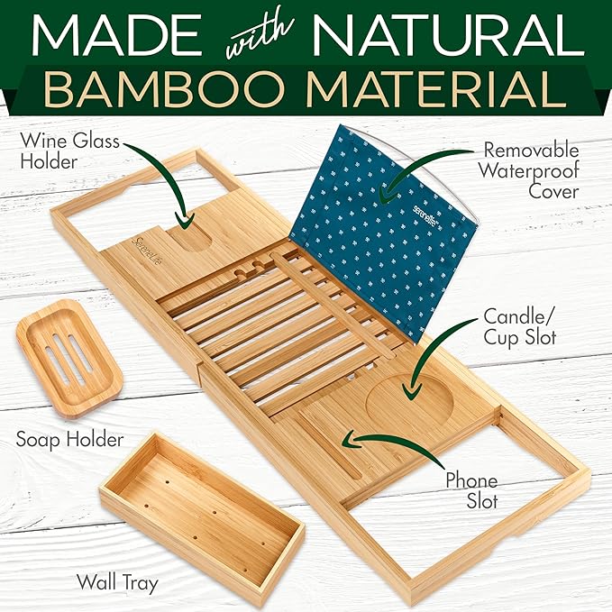 SereneLife Bamboo Bathtub Caddy with Luxury Gift Box and Red Gifting Ribbon Extendable & Adjustable Tray with Device/Book Holder with Removable Trays for Bath Accessories (Natural Color)