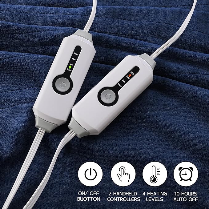 Electric Heated Blanket 84"x90" Queen Size, Soft Coral Fleece, Dual Controllers with 4 Heating Levels and 10 Hours Auto-Off, Machine Washable, Cozy Plush Fabric for Home, Dark Blue