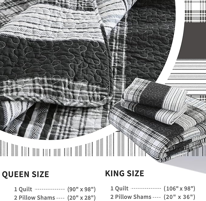 Homzard Quilts Queen Size - Black and White Queen Comforter Set, 100% Cotton Black Grey Striped Bedding Set, Lightweight Reversible Bedspread Set, 3 Piece All Season