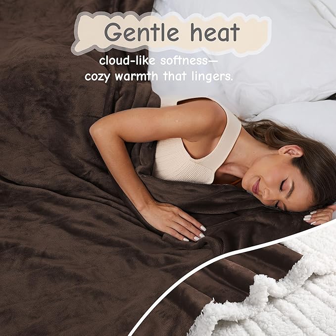 Electric Heated Blanket Queen Size 84"x90", Soft Flannel with Dual Controllers & Overheat Protection, 6 Adjustable Heat Settings & 10-Hour Auto-Off Timer, Fast Heating for Winter Comfort, Dark Brown