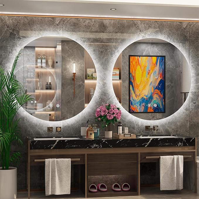 42-inch Round LED Bathroom Mirror with Light, 3 Color Temperatures (3000K/4500K/6000K), Dimmable Backlit, Anti-Fog, 5MM HD Glass, CRI 90+, Memory, Frameless