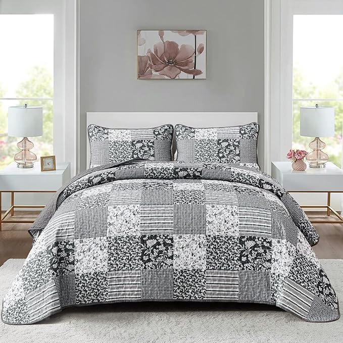 Mybedsoul Black Grey Boho Quilt Set Queen Size,3 Pieces Plaid Floral Bedspread Coverlet Set for All Season,Patchwork Reversible Bedding Set Queen 90"x96"