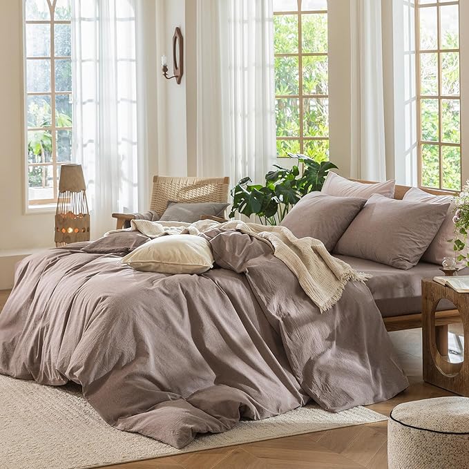MooMee Bedding Duvet Cover Set 100% Washed Cotton Linen Like Textured Breathable Durable Soft Comfy (Heathered Mauve Brown, Oversized King Plus 128"x120")