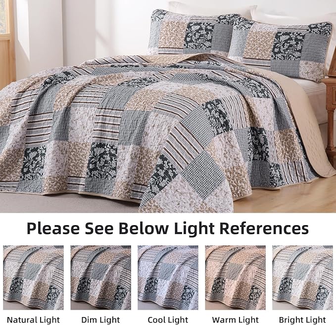 Mybedsoul Patchwork Quilt Set King Size, 3 Pieces Blue Brown Floral Plaid Bedspread Coverlet Set, Reversible Soft Microfiber Bedding Set for All Season, Fall Winter King 90"x104"