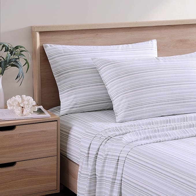Tommy Bahama - Queen Sheets, Cotton Percale Bedding Set, Crisp & Cool, Stylish Bedding Set (Kahanu Stripe Grey, Queen)