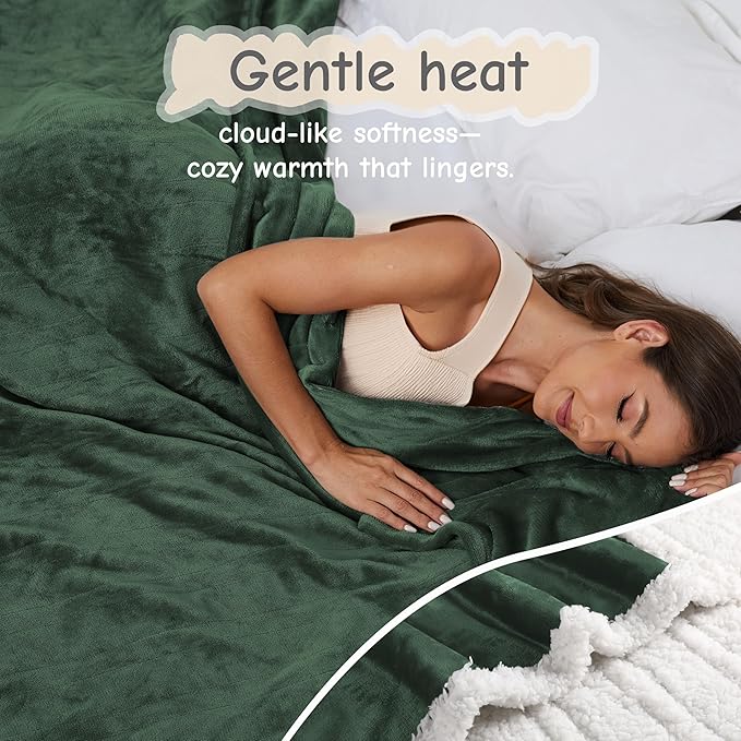 Electric Heated Blanket Throw Size 50"x60", Soft Flannel with Overheat Protection, 6 Adjustable Heat Settings & 3-Hour Auto-Off Timer, Fast Heating for Winter Comfort, Dark Green
