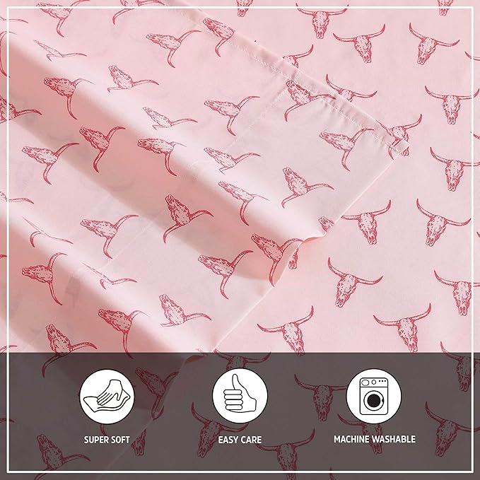 Wrangler - Full Bed Sheets, Ultra-Soft & Lightweight Bedding with Matching Pillowcases, Lightweight Bed Set for All Season Comfort, Oeko-Tex Certified (Steer Skulls Pink)
